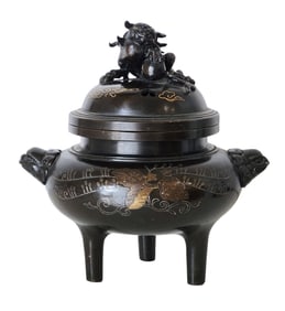 Japanese Meiji Bronze Tripod Koro (Incense Burner) with Shishi Finial & Mixed Metal Inlays