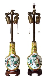 Pair of Chinese Famille Verte Porcelain Vases Mounted as Lamps – Yellow Ground & Courtyard Scenes