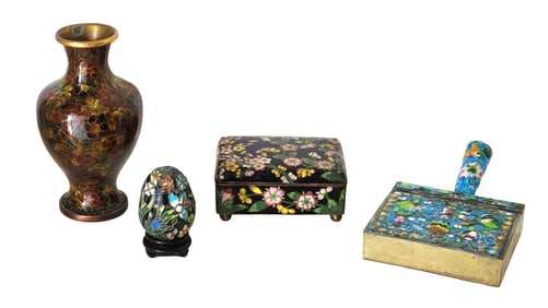 Lot of 4 Asian Decorative Objects – Cloisonné Vase, Enameled Box, Egg & Inlay Lid