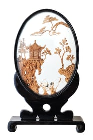 Chinese Double-Glass Diorama Screen with Miniature Carved Pavilion and Cranes