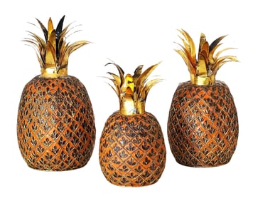 Set of 3 Decorative Pineapple Sculptures – Hand-Painted & Gilded, Made in China