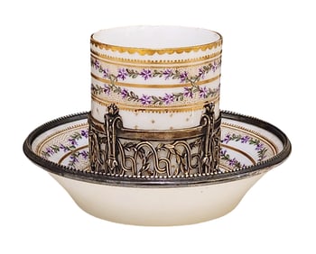 Antique Porcelain Demitasse Cup & Saucer with Silver Mount – Crown “A?? Mark, 19th–20th