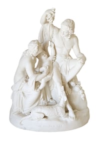 “The Golden Age?? – Antique Parian Ware Classical Sculpture of Family with Dog