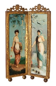 Antique French Oil Painting Diptych of Allegorical Women – Gilt Brass Frame, 19th Century