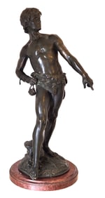 Louis Moreau (Signed) Bronze Sculpture of Classical Youth on Marble Base