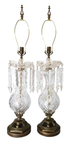 Pair of Vintage Cut Crystal Lamps with Hanging Prisms and Brass Bases