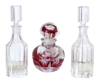 Set of 3 Art Glass and Cut Glass Perfume Bottles