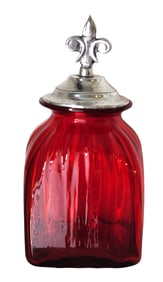 Ruby Red Glass Apothecary Jar with Fleur-de-Lis Metal Lid