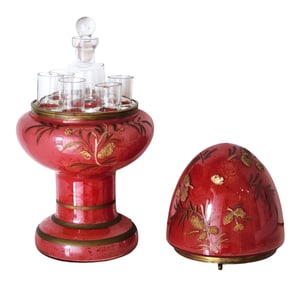 Czechoslovakian Ruby Red Bohemian Cordial Set with Dome Cover – c. 1920s–30s