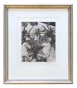 1982 Etching “Partido de Domino?? by M.S. Martin, 6/20 Edition: Original limited edition etching by artist M.S. Martin, titled Partido de Domino, dated 1982. This detailed black-and-white print captures a lively outdoor scene of four men engaged in a game of domin