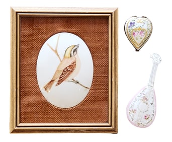 Group of 3 Decorative Porcelain Items – Framed Bird Plaque, Limoges Heart Box, and Mandolin-Shaped