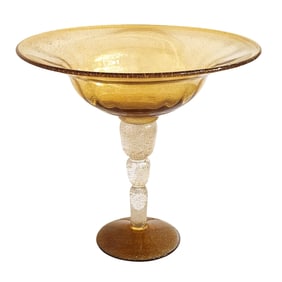 Murano Style Amber Art Glass Compote with Gold Aventurine Stem