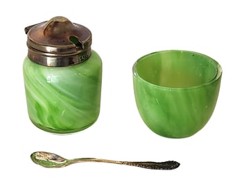 Art Deco Green Slag Glass Mustard Pot & Salt Cellar with EPNS Silverplate Lid & Spoon – 3-Piece