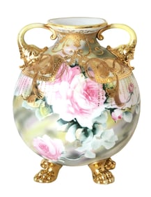 Nippon Hand-Painted Porcelain Vase with Pink Roses & Raised Gold Moriage – Lion Paw Feet
