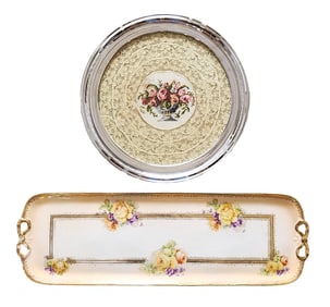 Group of 2 Vintage Floral Trays – Limoges Porcelain Dresser Tray & Silverplate Lace Insert Gallery