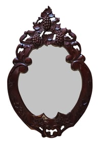 Antique Hand-Carved Wall Mirror with Grape & Vine Motif – Oval Beveled Glass