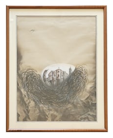 Adrian Cuba (1994) Surrealist Church in Nest Mixed Media Painting