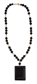 Vintage Black Onyx Bead Necklace with Carved Pendant & 14K Gold Clasp