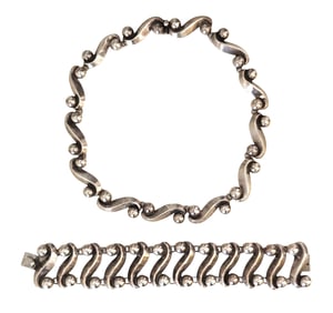 Vintage Patino Taxco Mexican Sterling Silver Necklace & Bracelet Set – Wave & Ball Motif