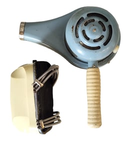 Pair of Vintage Beauty Appliances – 1950s Blue Metal Hair Dryer & Oster Massagett Handheld