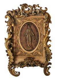 Antique 19th C. Virgin Mary Miniature Plaque in Gilt Bronze Frame, Dated 1830