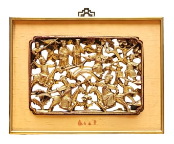 Antique Chinese Gilt Carved Wood Panel – Battle Scene, Qing Dynasty Style