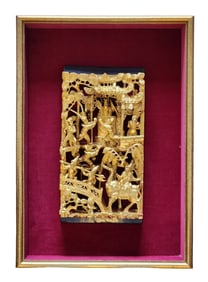Antique Chinese Gilt Carved Wood Panel – Imperial Court Scene with Warriors, Framed