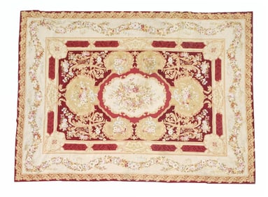 Large Aubusson Style Needlepoint Rug – French Floral Medallion Design, Burgundy & Light Beige