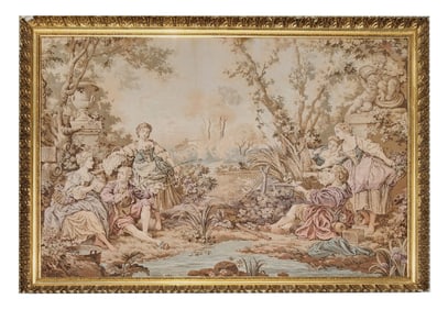 Antique French Style Rococo Pastoral Tapestry – Framed, 19th C. Romantic Scene