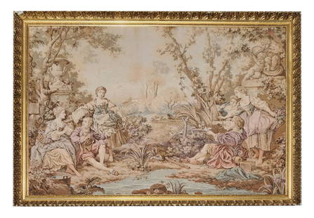 Antique French Style Rococo Pastoral Tapestry – Framed, 19th C. Romantic Scene: Charming Rococo-style tapestry depicting a lush 18th-century pastoral scene with courtly figures in an idyllic countryside setting. This woven textile features men and women playing music, fishing, an