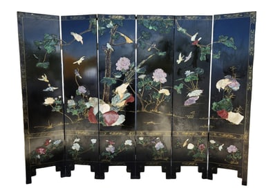 Chinese 6-Panel Lacquer & Hardstone Screen by Jinlong – Birds & Flowers Motif