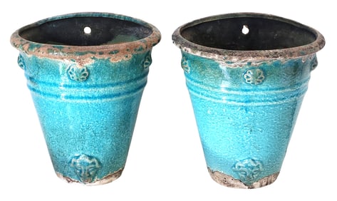 Pair of Antique Style Glazed Ceramic Wall Planters – Turquoise Crackle Finish