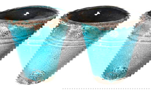 Pair of Antique Style Glazed Ceramic Wall Planters – Turquoise Crackle Finish: Beautiful pair of vintage-style wall planters with a bold turquoise crackle glaze finish. These conical ceramic pots feature a heavily textured surface with impressed decorative medallions on the fron
