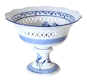 Blue & White Reticulated Porcelain Compote on Pedestal – Floral Design