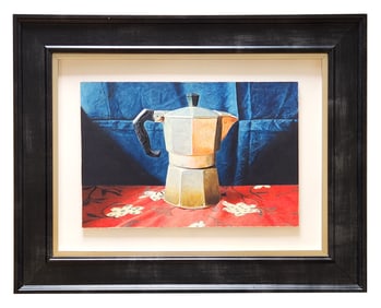 "Moka Pot Still Life with Red Floral Cloth" – Signed & Dated 2007