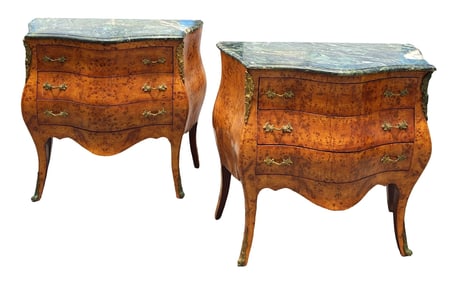 Pair of French Louis XV Style Bombe Commodes – Burl Wood & Marble Tops