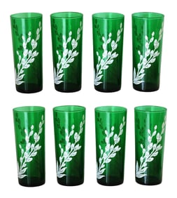 Set of 8 Vintage Green Glass Highball Tumblers – White Floral Enamel Design