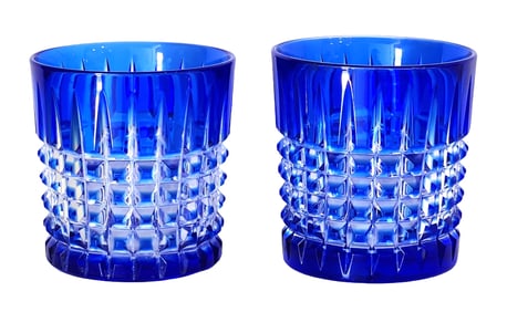Pair of Cobalt Blue Cut Crystal Whiskey Tumblers – Grid & Vertical Facet Design