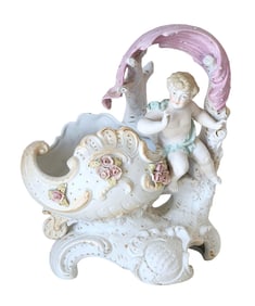 Antique German Porcelain Centerpiece – Cherub with Rococo Shell & Flowers