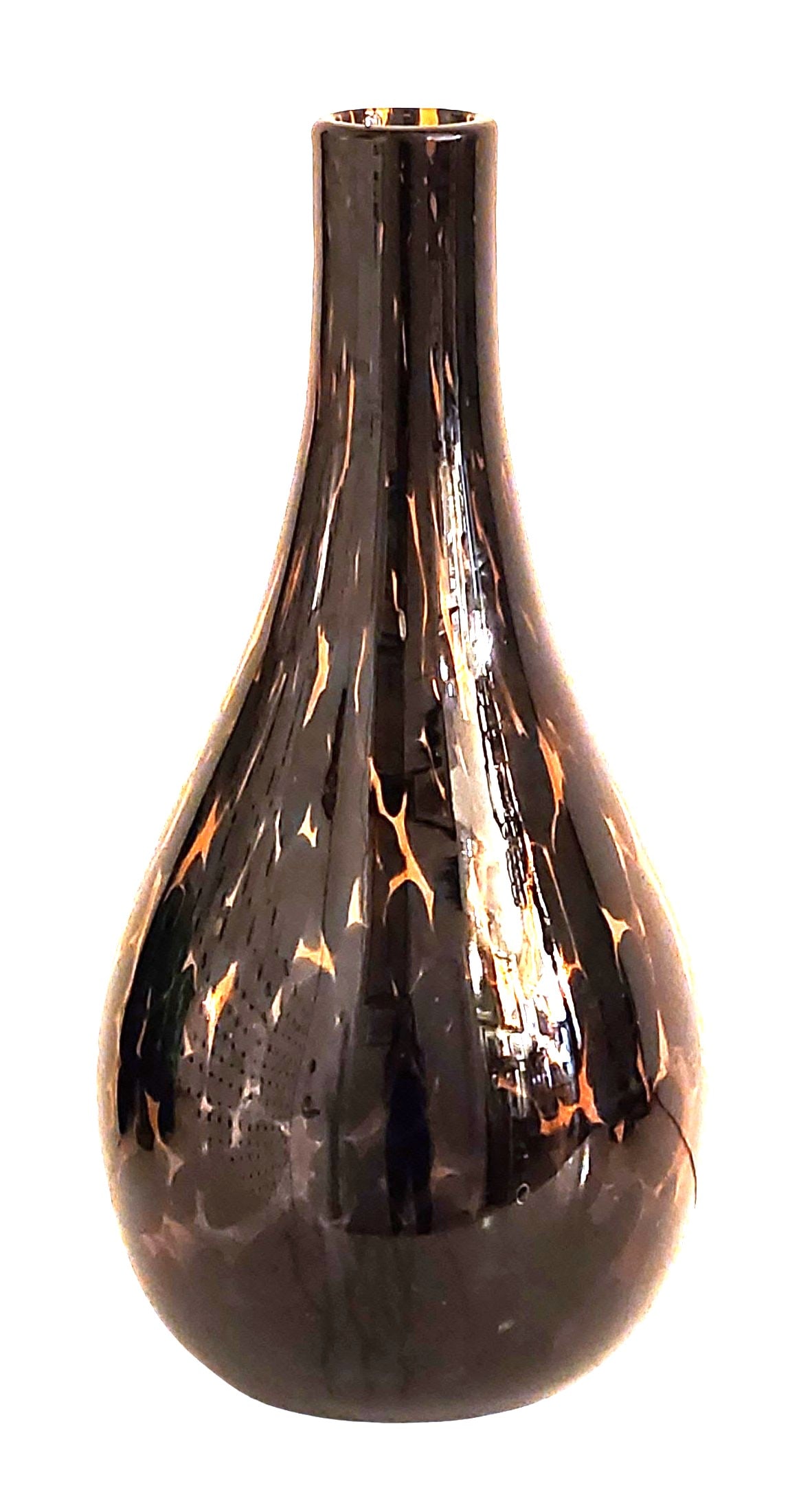 Contemporary Murano Art Glass Vase with Faceted Black and Amber Finish: Striking contemporary art glass vase from Murano, Italy, featuring a graceful teardrop silhouette with a deeply faceted surface. The reflective black body shimmers with warm amber and gold-toned highl