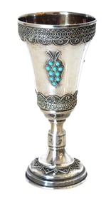 Antique Sterling Silver Kiddush Cup with Turquoise Grape Cluster – Filigree Decoration