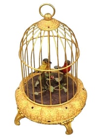 Antique German Singing Bird Cage Automaton – Gilded Music Box with Two Birds