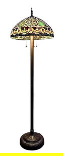 Tiffany Style Stained Glass Floor Lamp with Bronze Base – Floral & Jewel Dome Shade: Elegant Tiffany-style stained glass floor lamp, topped with a stunning handcrafted dome shade made from richly colored pieces of stained glass in amber, green, ruby, and violet tones. The intricate de