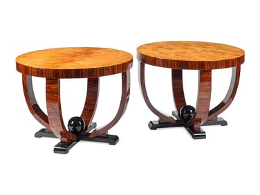Pair of Art Deco Style Round Side Tables with Inlaid Burl Wood Tops