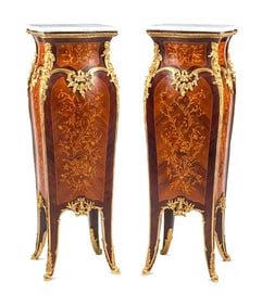 Pair of Louis XV Style Marquetry Pedestals with Gilt Bronze Mounts and Marble Tops