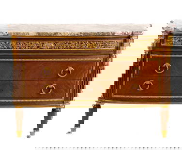 Important Louis XVI Style Commode by Haentges Freres with Marble Top and Gilt Bronze Mounts: Exceptional Louis XVI style commode signed by the prestigious Parisian cabinetmaker Haentges Freres, active in the late 19th to early 20th century. Finely crafted with exquisite veneered marquetry and