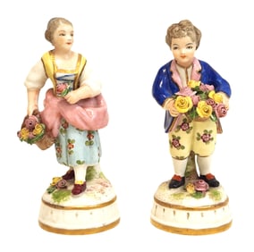 Pair of Porcelain Figurines – Sevres Marked Lady with Flowers & Gentleman Companion