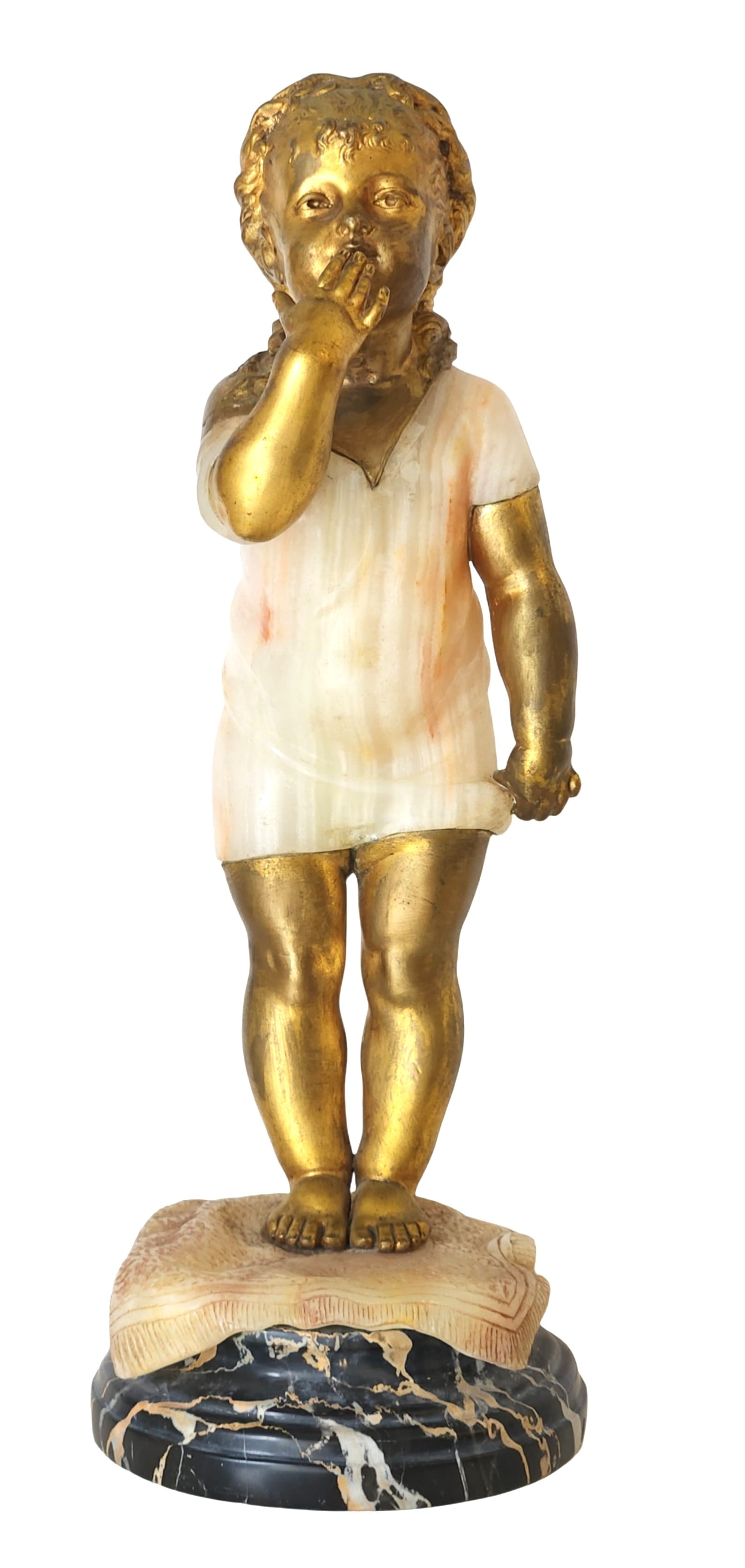 Nicolas Lecornet (Born 1825) France: Nicolas Lecornet (Born 1825) France Bronze, Marble and Onix Title: Le baises de l'enfant Measure 12 1/4"in H x 4 1/2"in diameter