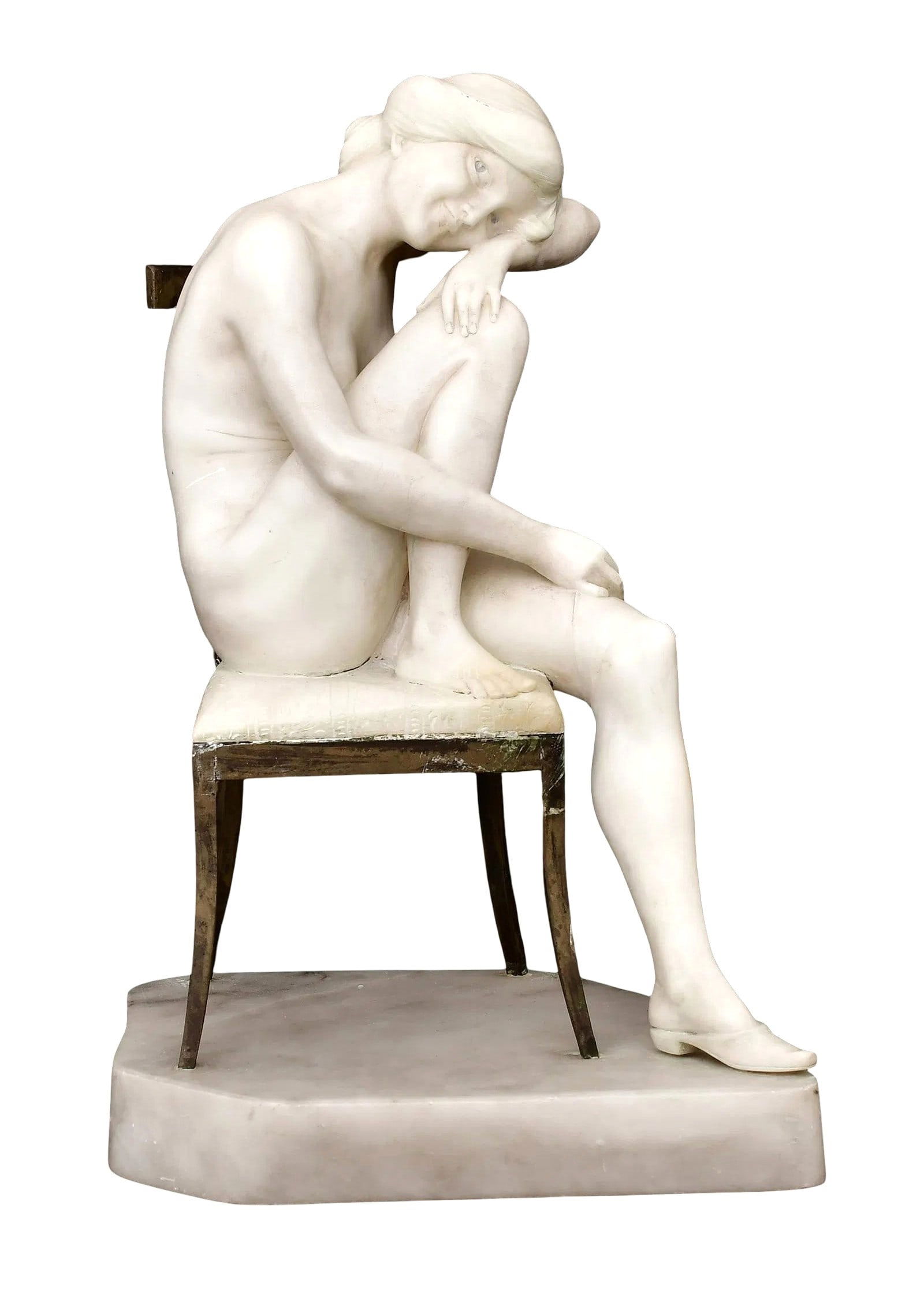 Italian Carved Marble Sculpture – Seated Nude Woman on Chair: Striking early 20th-century Italian sculpture depicting a nude woman seated thoughtfully on a stylized chair. Expertly carved from marble with a remarkable sense of softness and anatomical realism, th