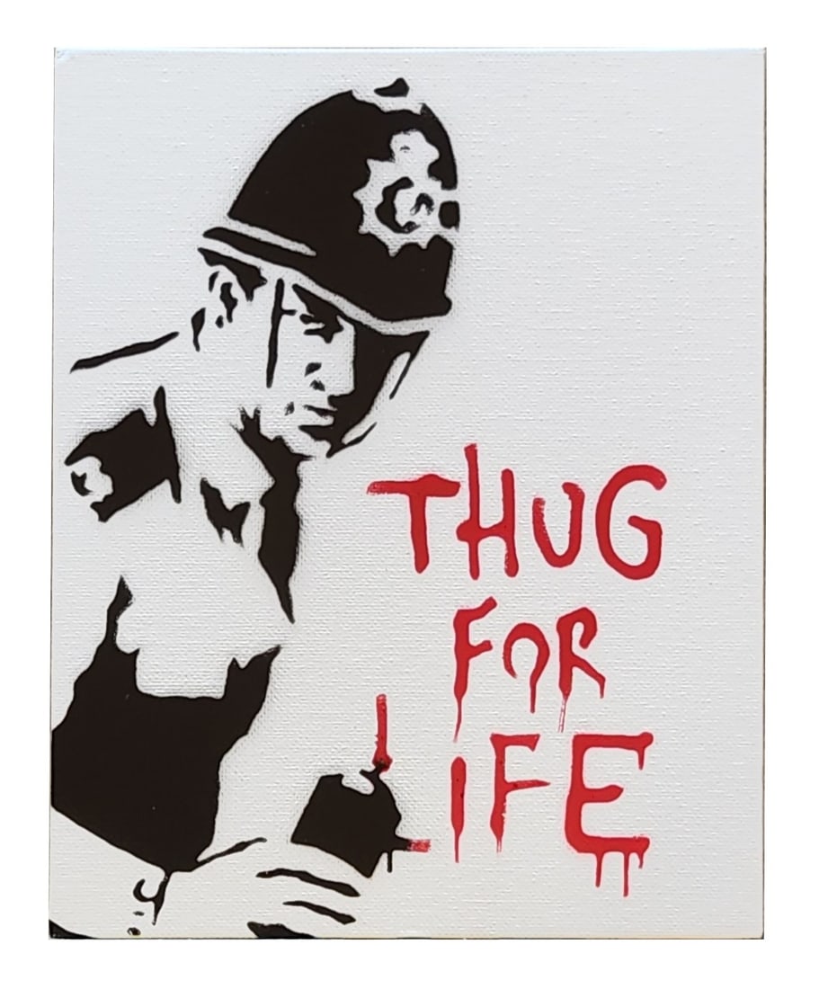 Banksy (Born 1974) England: Banksy (Born 1974) England Title: Thug For Life Impression Sur Toile Stencil Spray Paint on Canvasboard Measure 10"in H x 8"in W Known for: Graffiti art with political t